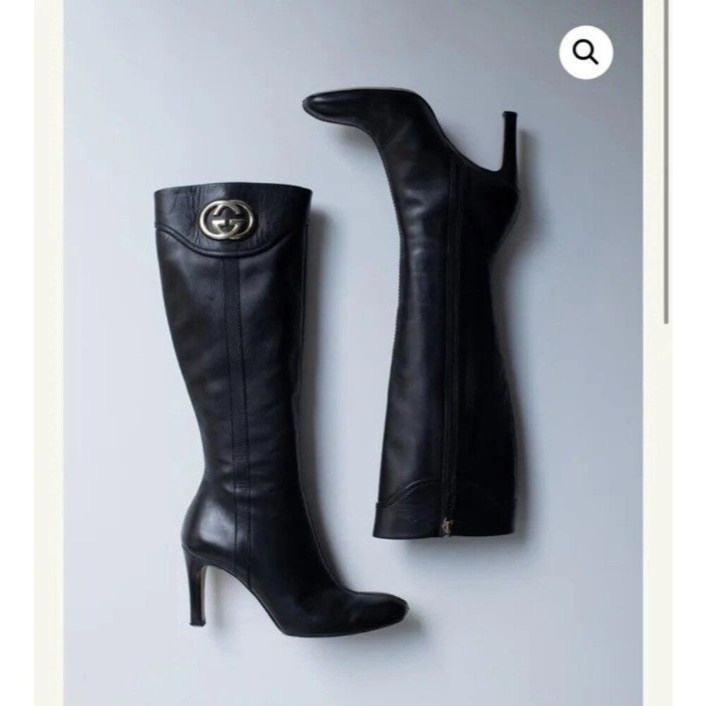 Vintage Gucci Black Leather Knee High Boots Size US 8.5 Square Toe RARE Find!